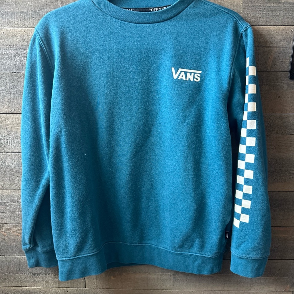 Vans Blue Crewneck Sweater with Signature Checkered Sleeve